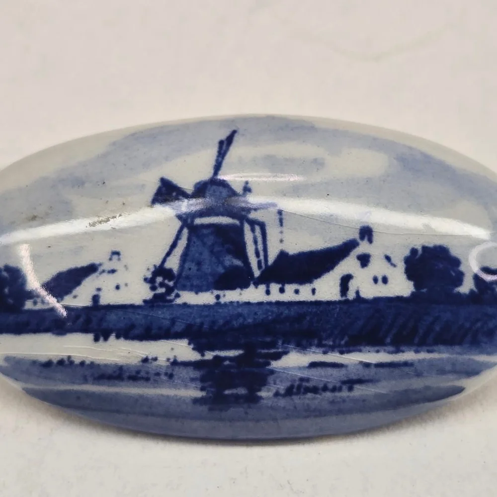 Vintage Delft Brooch Blue Windmill MCM 1950's Collectible Dutch Porcelain